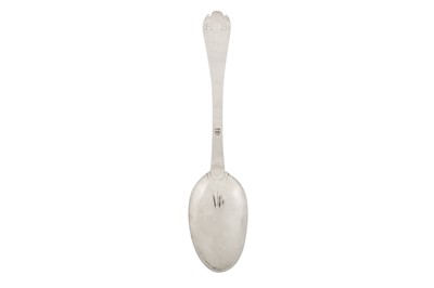 Lot 295 - A George II provincial Channel Islands silver tablespoon, Jersey circa 1730 by Philippe le Vavasseur dit Durell (active circa 1730-50)
