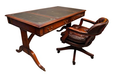 Lot 392 - A REGENCY STYLE MAHOGANY TWO-DRAWER WRITING DESK WITH A LEATHER CAPTAIN DESK CHAIR