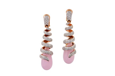 Lot 137 - DE GRISOGONO Ι A PAIR OF ROSE QUARTZ AND DIAMOND PENDENT EARRINGS