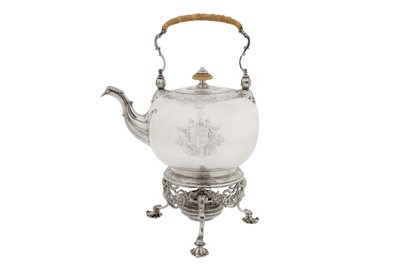 Lot 471 - A George II sterling silver kettle upon burner stand, London 1735 by Edward Pocock (reg. 11th Dec 1728)