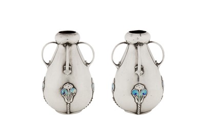 Lot 308 - A pair of Edwardian art nouveau sterling silver and enamel posy vases, Birmingham 1906 by James Fenton and Co