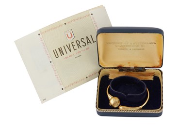 Lot 334 - UNIVERSAL GENEVE. 18CT GOLD BANGLE WATCH