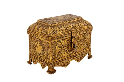 Lot 94 - A FINE 19TH CENTURY PERSIAN QAJAR GOLD-DAMASCENED STEEL CASKET
