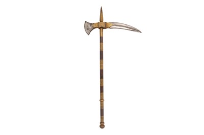 Lot 161 - A 19TH CENTURY NORTH INDIAN SIALKOT GOLD OVERLAID STEEL TABAR AXE