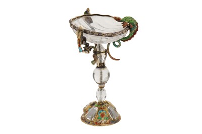 Lot 53 - A late 19th century Austrian unmarked silver gilt, rock crystal, and enamel figural bowl or salt, Vienna circa 1880