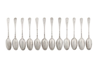 Lot 298 - Earl of Thanet – A set of twelve George I Britannia standard silver tablespoons, London 1722 by Samuel Hitchcock (reg. 24th Nov 1713)