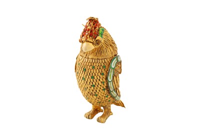 Lot 42 - A late 20th century Chinese unmarked silver gilt and enamel parakeet box, circa 1970