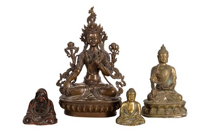 Lot 137 - A GROUP OF THREE CHINESE BRONZE FIGURES AND A JAPANESE WOOD NETSUKE