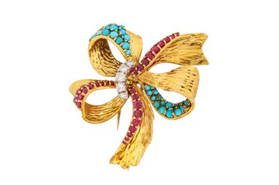 Lot 114 - KUTCHINSKY Ι A TURQUOISE, RUBY AND DIAMOND BROOCH, CIRCA 1960