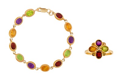 Lot 141 - A MULTI GEM-SET BRACELET AND RING SUITE, CIRCA 1995