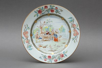 Lot 38 - A CHINESE EXPORT FAMILLE ROSE 'CARD PLAYERS' DISH AFTER DAVID TENIERS