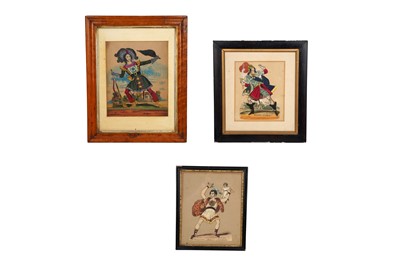 Lot 466 - A GROUP OF THREE ENGRAVED AND EMBELLISHED TINSEL PRINTS DEPICTING ACTORS, MID 19TH CENTURY