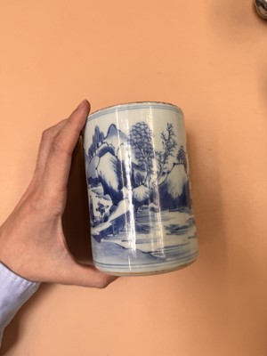 Lot 430 - A CHINESE BLUE AND WHITE 'LANDSCAPE' BRUSH POT, BITONG