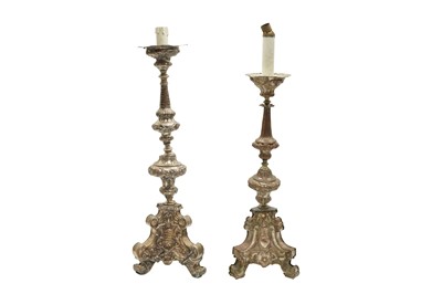 Lot 267 - A NEAR PAIR OF ITALIAN BAROQUE STYLE SILVER PLATED ON COPPER LAMPS CONVERTED FROM CANDLESTICKS