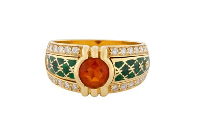 Lot 165 - A FIRE OPAL, DIAMOND AND ENAMEL RING