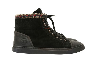Lot 390 - Chanel Black Tweed High Top Trainer - Size 40.5