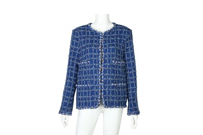 Lot 120 - Chanel Blue Boucle Collarless Jacket - Size 40