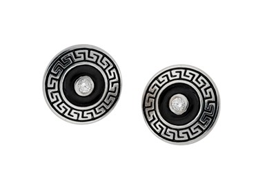 Lot 325 - A PAIR OF DIAMOND AND ENAMEL CUFFLINKS
