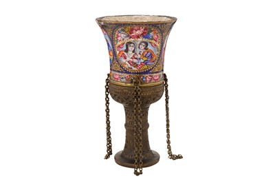 Lot 7 - A 19TH CENTURY PERSIAN QAJAR ENAMELLED GHALIAN CUP