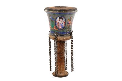 Lot 8 - A 19TH CENTURY PERSIAN QAJAR ENAMELLED GILT-COPPER GHALIAN CUP SIGNED 'ABD AL-RAHIM'