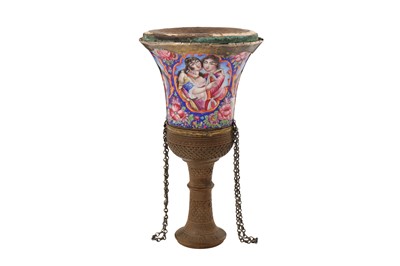 Lot 9 - A 19TH CENTURY PERSIAN QAJAR ENAMELLED COPPER GHALIAN CUP