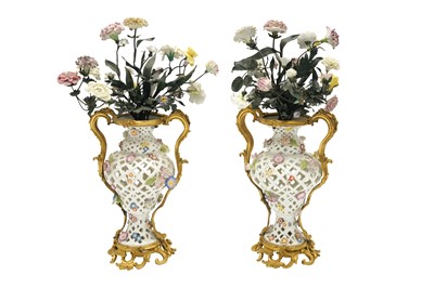 Lot 185 - A PAIR OF 19TH CENTURY DRESDEN PORCELAIN POTPOURRI VASES WITH ORMOLU MOUNTS & FLOWERS
