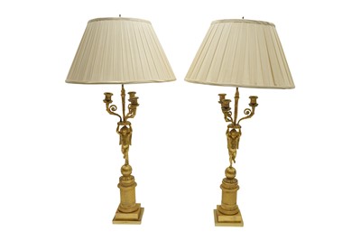 Lot 283 - A PAIR OF FRENCH EMPIRE ORMOLU FIGURAL CANDELABRA