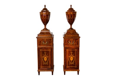 Lot 428 - A PAIR OF MARQUETRY INLAID MAHOGANY NEOCLASSICAL KNIFE URNS AND CABINETS
