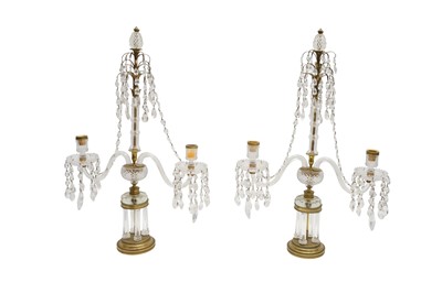Lot 284 - A PAIR OF GEORGE III BRONZE AND CUT GLASS TWIN BRANCH CANDELABRA