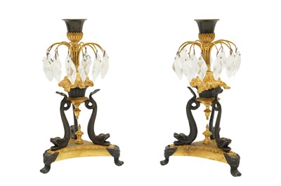 Lot 429 - A PAIR OF FRENCH EMPIRE ORMOLU AND PATINATED BRONZE CANDLESTICKS