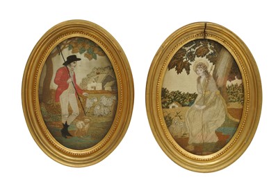 Lot 450 - A PAIR OF 19TH CENTURY SILK AND STUMPWORK OVAL PORTRAITS
