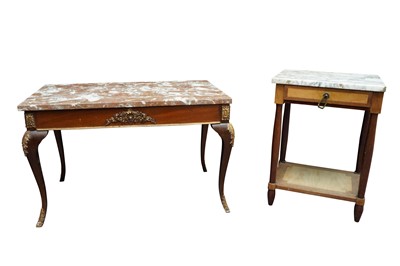 Lot 358 - A FRENCH MARBLE-TOP COFFEE TABLE AND A MARBLE-TOP SIDE TABLE