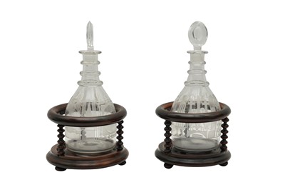 Lot 321 - A PAIR OF GEORGIAN MASONIC DECANTERS AND BOBBIN TURNED STANDS