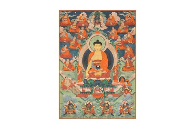 Lot 193 - A TIBETAN 'SHAKYAMUNI AND EIGHTEEN ARHATS' THANGKA