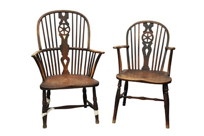 Lot 425 - TWO VICTORIAN ASH AND ELM WINDSOR ELBOW CHAIRS