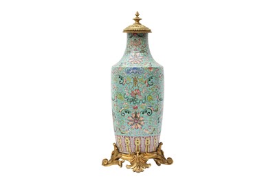 Lot 490 - A CHINESE GILT-MOUNTED FAMILLE-ROSE TURQUOISE-GROUND 'LOTUS' VASE