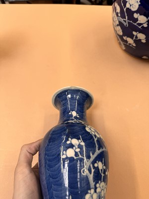 Lot 467 - A CHINESE BLUE AND WHITE 'PRUNUS' JAR AND TWO VASES