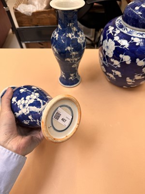 Lot 467 - A CHINESE BLUE AND WHITE 'PRUNUS' JAR AND TWO VASES