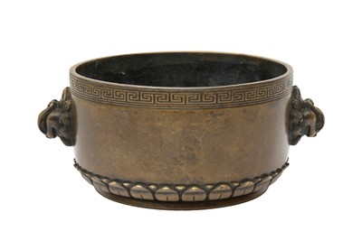 Lot 562 - A CHINESE BRONZE CENSER WITH LION-HEAD HANDLES