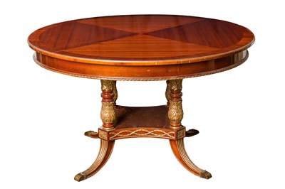 Lot 386 - SIMON LOSCERTALES BONA, SPAIN; A LOUIS XVI STYLE CIRCULAR MAHOGANY AND PARCEL GILT EXTENDING DINING TABLE