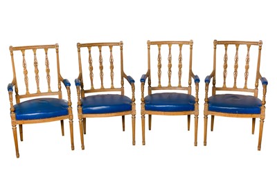 Lot 387 - SIMON LOSCERTALES BONA, SPAIN; A SET OF FOUR FOUR FRENCH STYLE OPEN ARMCHAIRS, MID 20TH CENTURY
