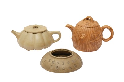 Lot 573 - TWO YIXING ZISHA TEAPOTS AND A BRUSH WASHER