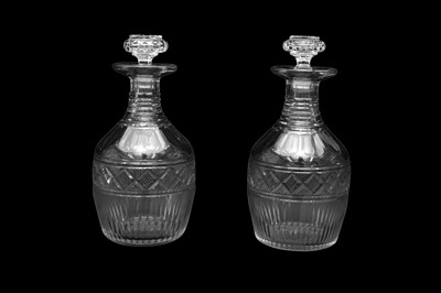 Lot 287 - A PAIR OF GEORGE III CUT GLASS DECANTERS OF MALLET SHAPE, CIRCA 1800