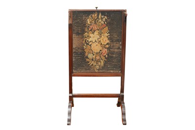 Lot 398 - A GEORGE III MAHOGANY CANDLE STAND, A VICTORIAN WALNUT 'FACE ET NUQUE' MIRROR, CIRCA 1856 AND A GEORGE III STYLE VICTORIAN MAHOGANY FIRE SCREEN, LATE 19TH CENTURY