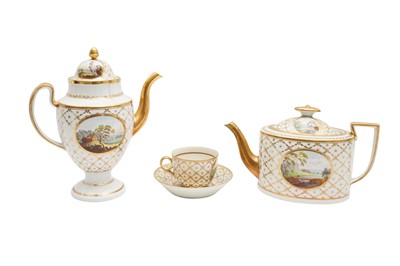 Lot 206 - A REGENCY MINTON BONE CHINA COFFEE POT, TEA POT, CUP AND SAUCER, CIRCA 1810