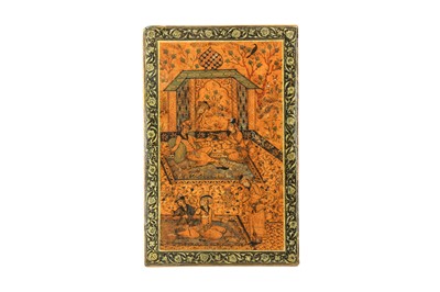 Lot 25 - A LARGE 19TH CENTURY QAJAR LAQUERED BOOKBINDING COVER