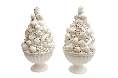 Lot 245 - A LARGE AND IMPRESSIVE PAIR OF CONTINENTAL FAIENCE TABLE ORNAMENTS
