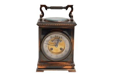 Lot 431 - A LATE 19TH CENTURY FRENCH COPPER CASED  OVERSIZED TRAVEL CLOCK WITH COMPASS AND THERMOMETER TO TOP