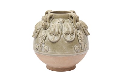 Lot 663 - A CHINESE CELADON-GLAZED MOULDED JAR