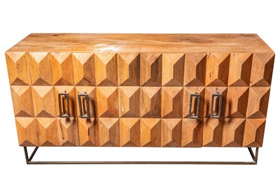 Lot 392 - A CONTEMPORARY MANGO WOOD FOUR DOOR SIDEBOARD